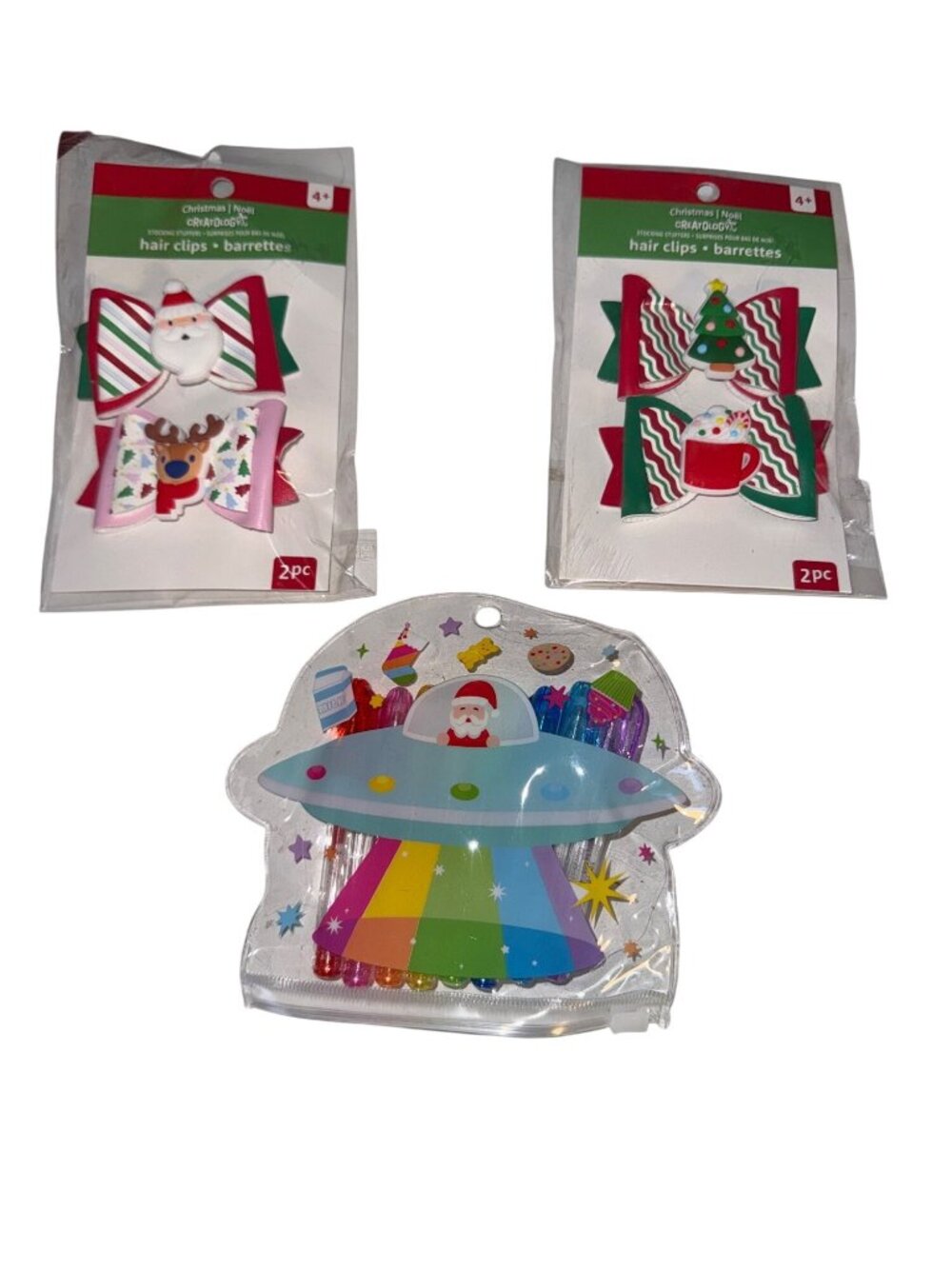 Christmas-Themed Hair Clips & Mini Gel Pens Gift Set 2x2pc Barrettes With Santa